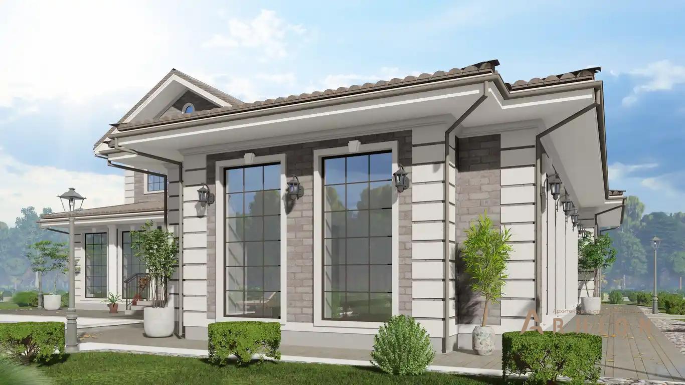 2. Проект двухэтажного дома в европейском стиле с многоскатной кровлей, h-1610, площадью - 517 кв c сауной, терассой, гаражом, бассейном